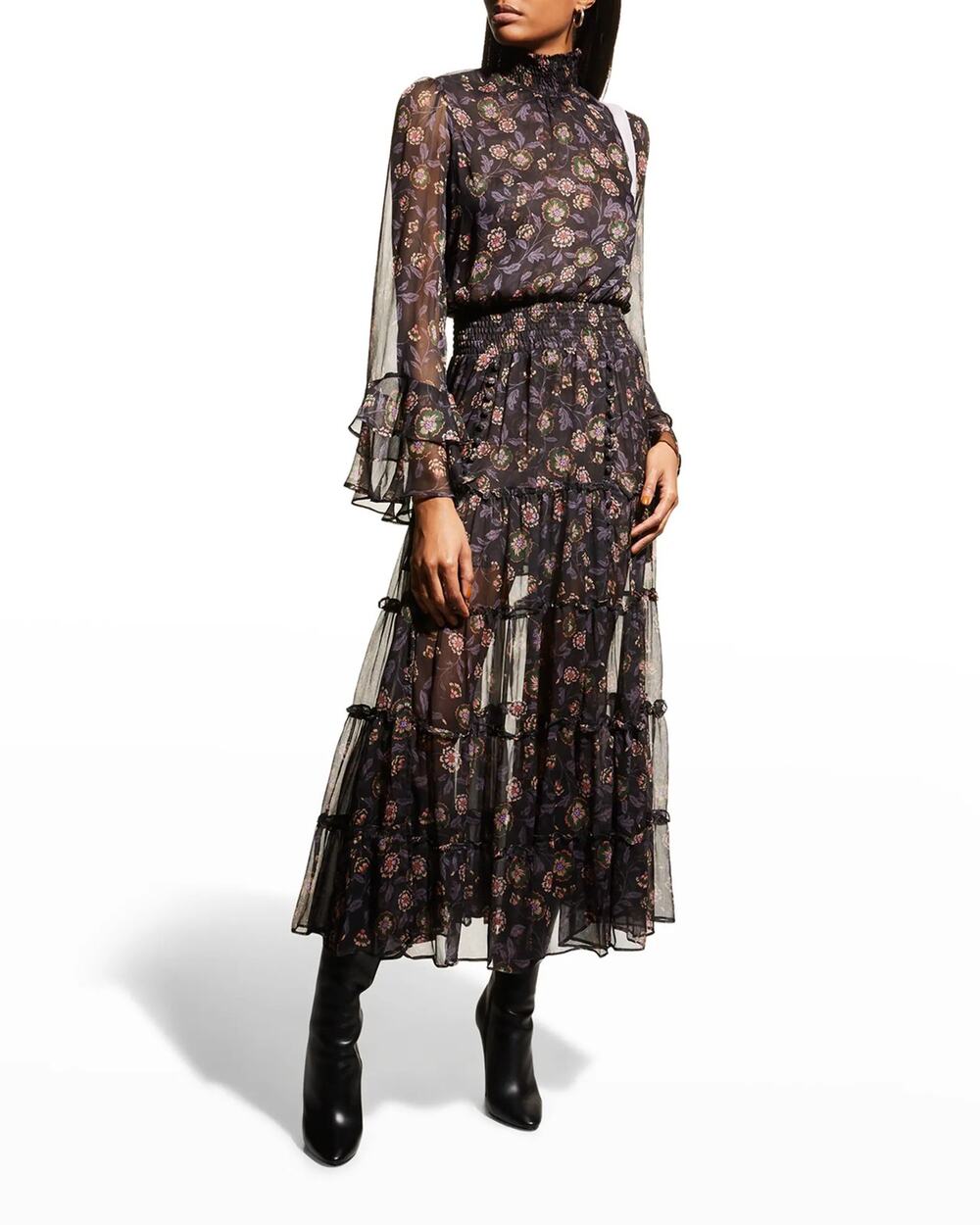 Misa Bethany Floral Chiffon Midi Dress - Nightshade Floral - Size Small